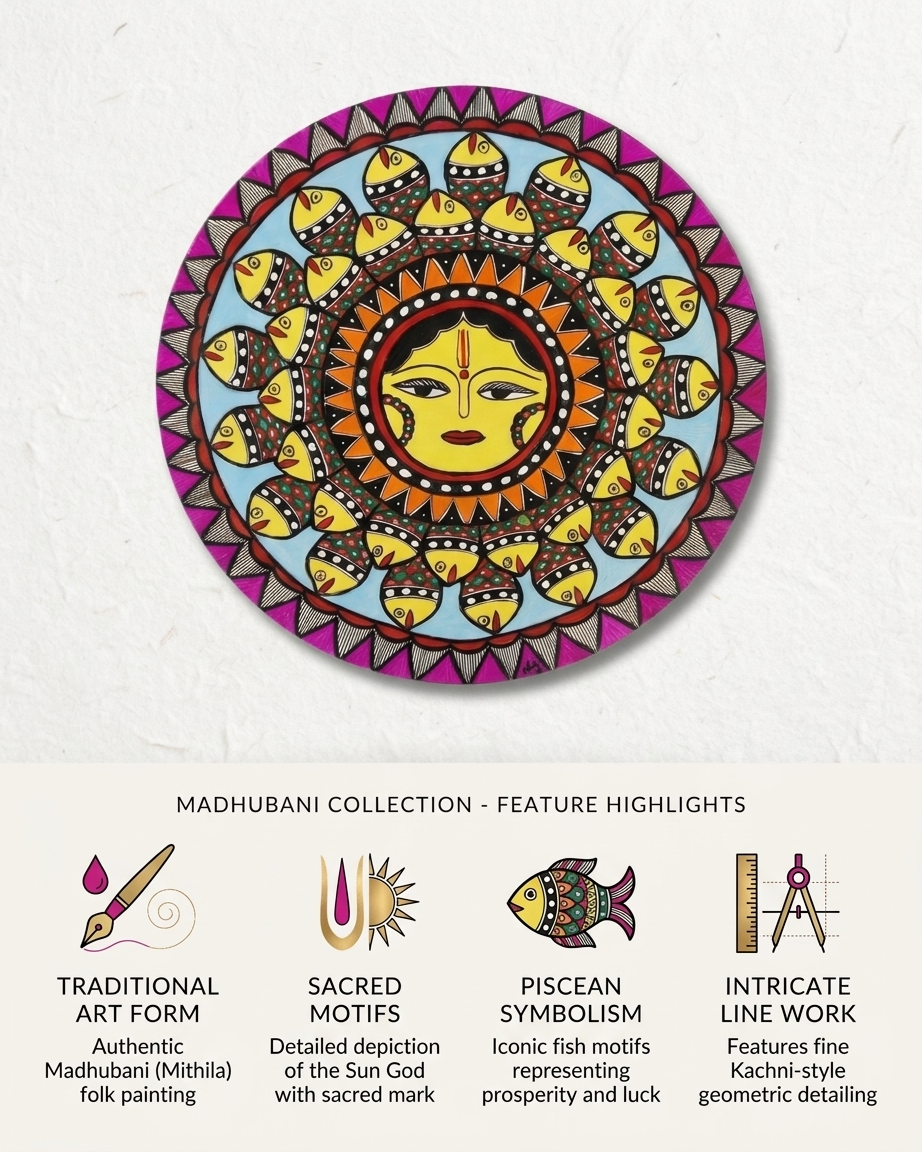 Handmade Surya & Fish Madhubani Wall Art on MDF Board – Traditional Mithila Painting Decor