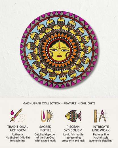 Handmade Surya Fish Madhubani Wall Art for Home Decor