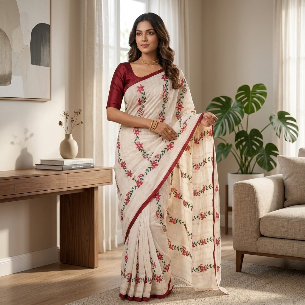 Red & White Floral Handmade Madhubani Painting Saree with Blouse