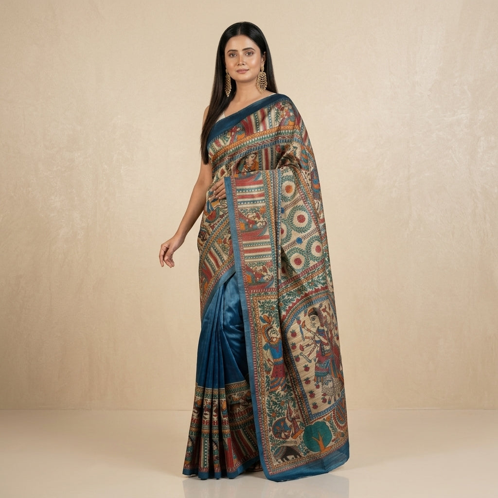 Blue Handmade Madhubani Painting  Saree with Blouse