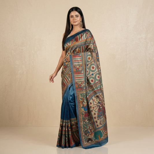 Blue Handmade Madhubani Painting Saree with Blouse