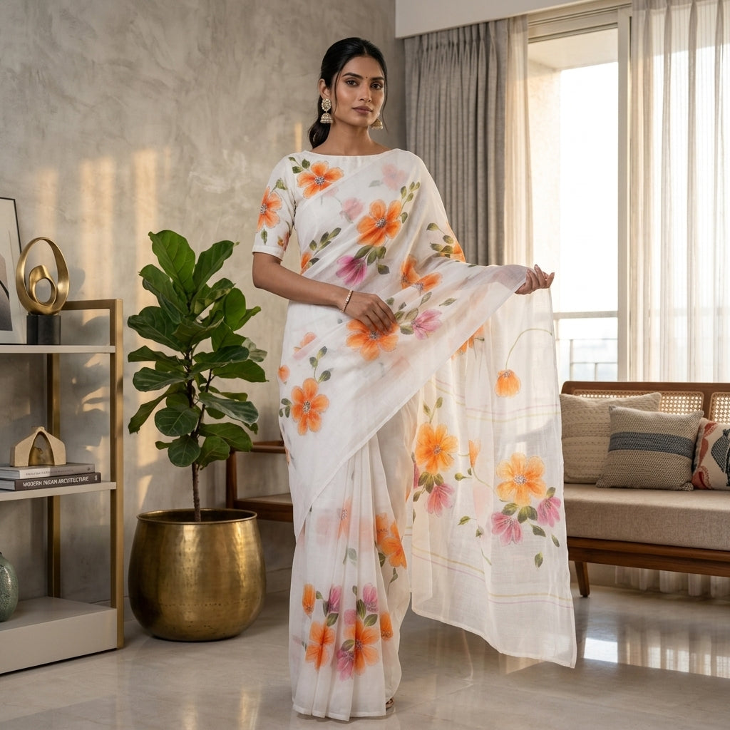 Floral Handmade Madhubani Painting Saree with Blouse  | Hand-Painted Mithila Art Saree for Women
