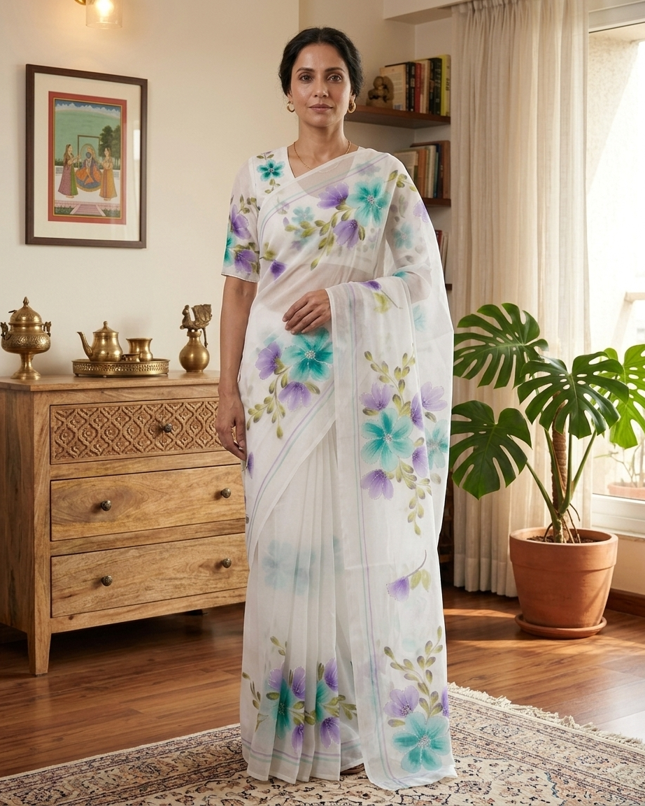 White Floral Handmade Madhubani Painting  Saree with Blouse