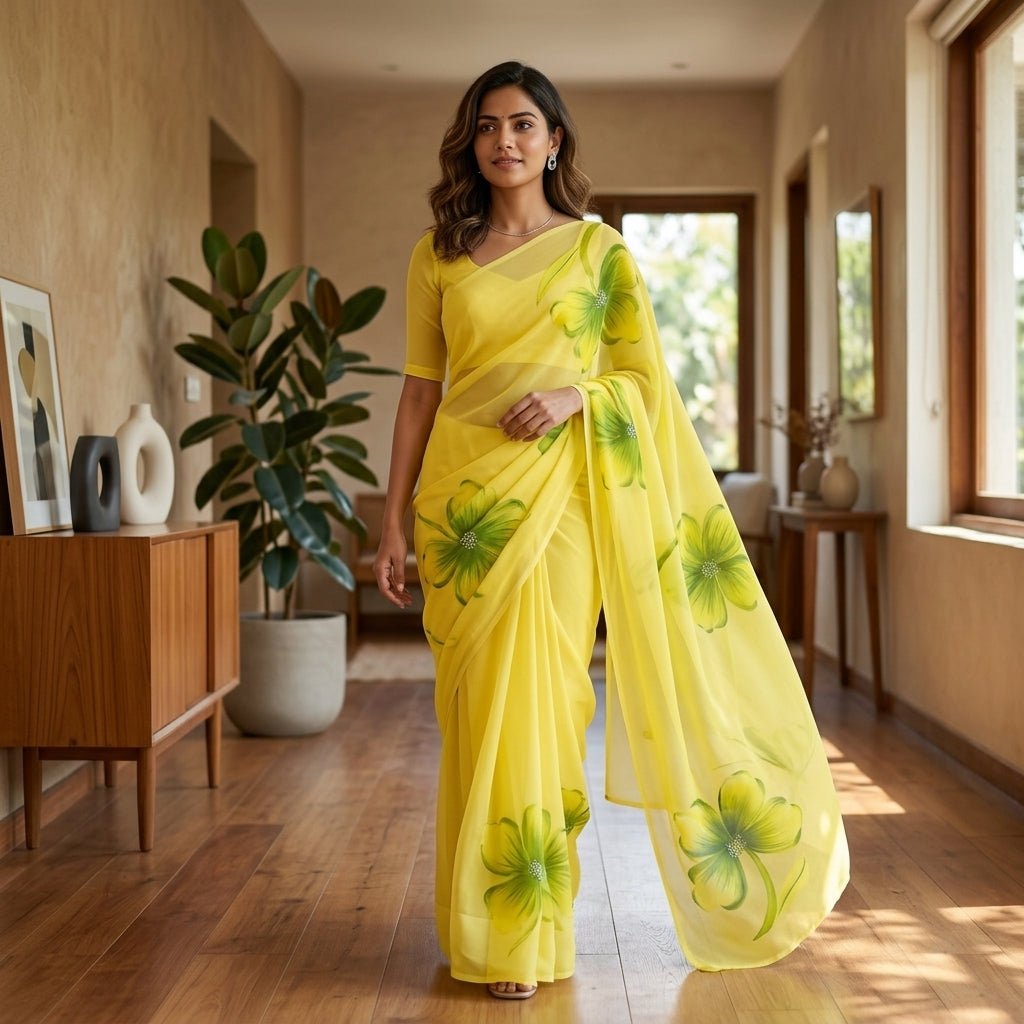 Lemon Yellow Floral Handmade Madhubani Painting Saree with Blouse – Handcrafted Mithila Art