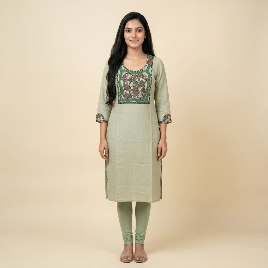 Hand-Painted Madhubani Unstitched Kurti |Traditional  Ethnic Wear