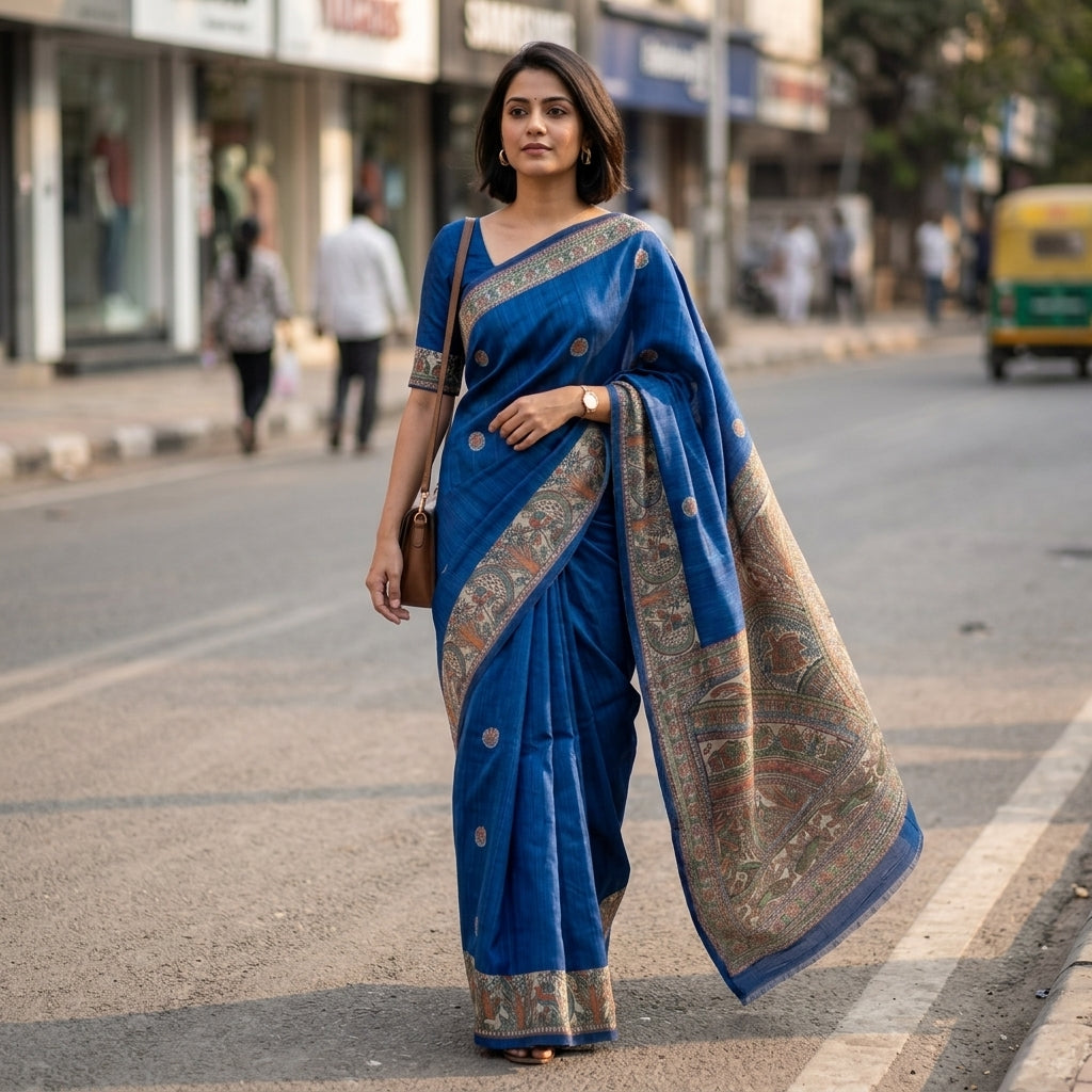 Blue Handmade Madhubani Painting  Saree with Blouse