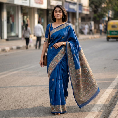 Blue Handmade Madhubani Painting Saree with Blouse