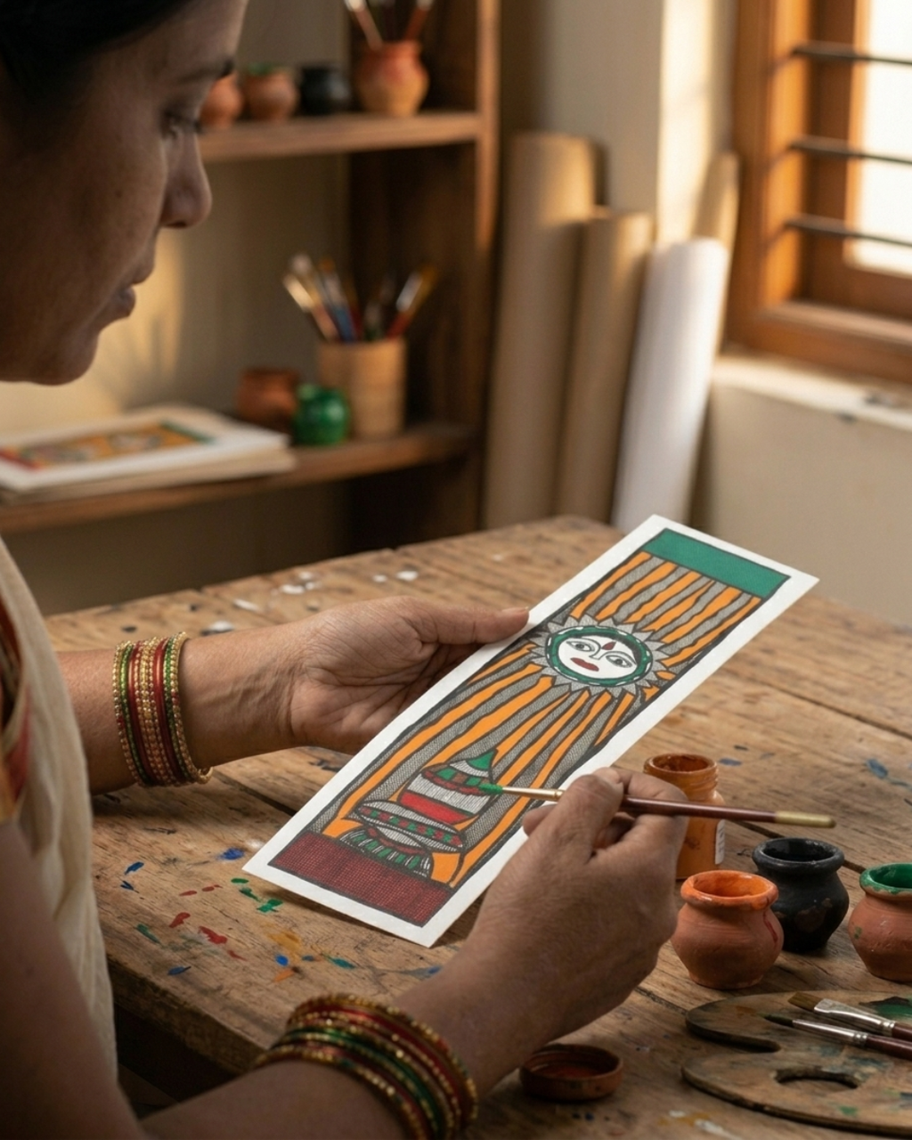 God Surya Madhubani Painting – Handmade Paper Wall Art