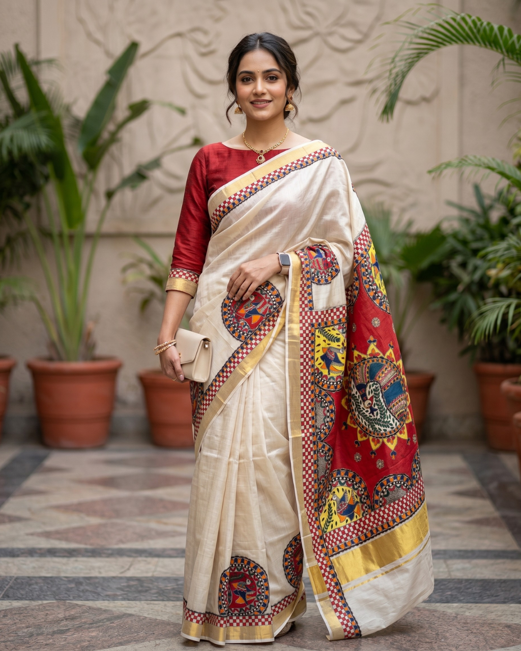 Handmade Madhubani Painting Kerala Cotton Saree with Blouse | Ethnic Saree