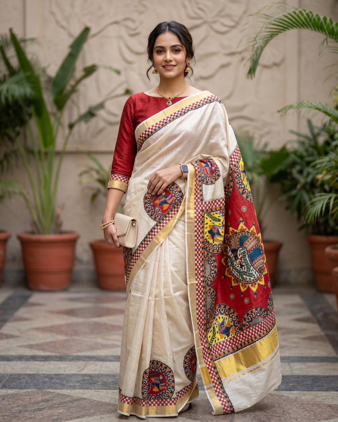 Handmade Madhubani Painting Kerala Cotton Saree with Blouse | Ethnic Saree