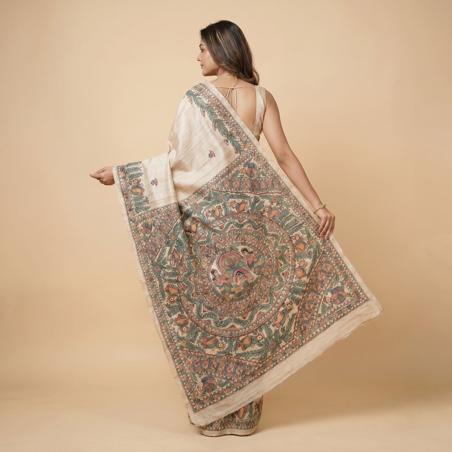 Light Cream Handmade Madhubani Painting Saree for Women