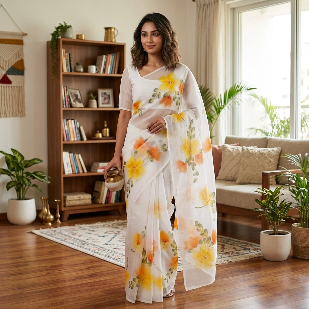 White Floral Handmade Madhubani Painting Saree with Blouse