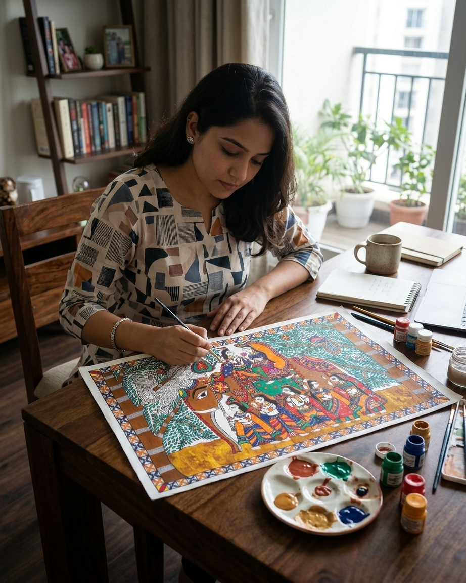 Dwarikadhish Madhubani Painting Canvas Wall Art Without Frame