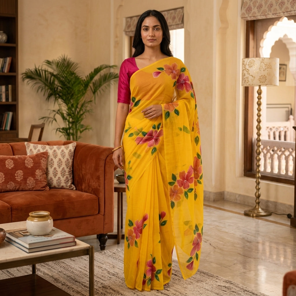 Bright Yellow Floral Handmade Madhubani Painting Saree with Blouse