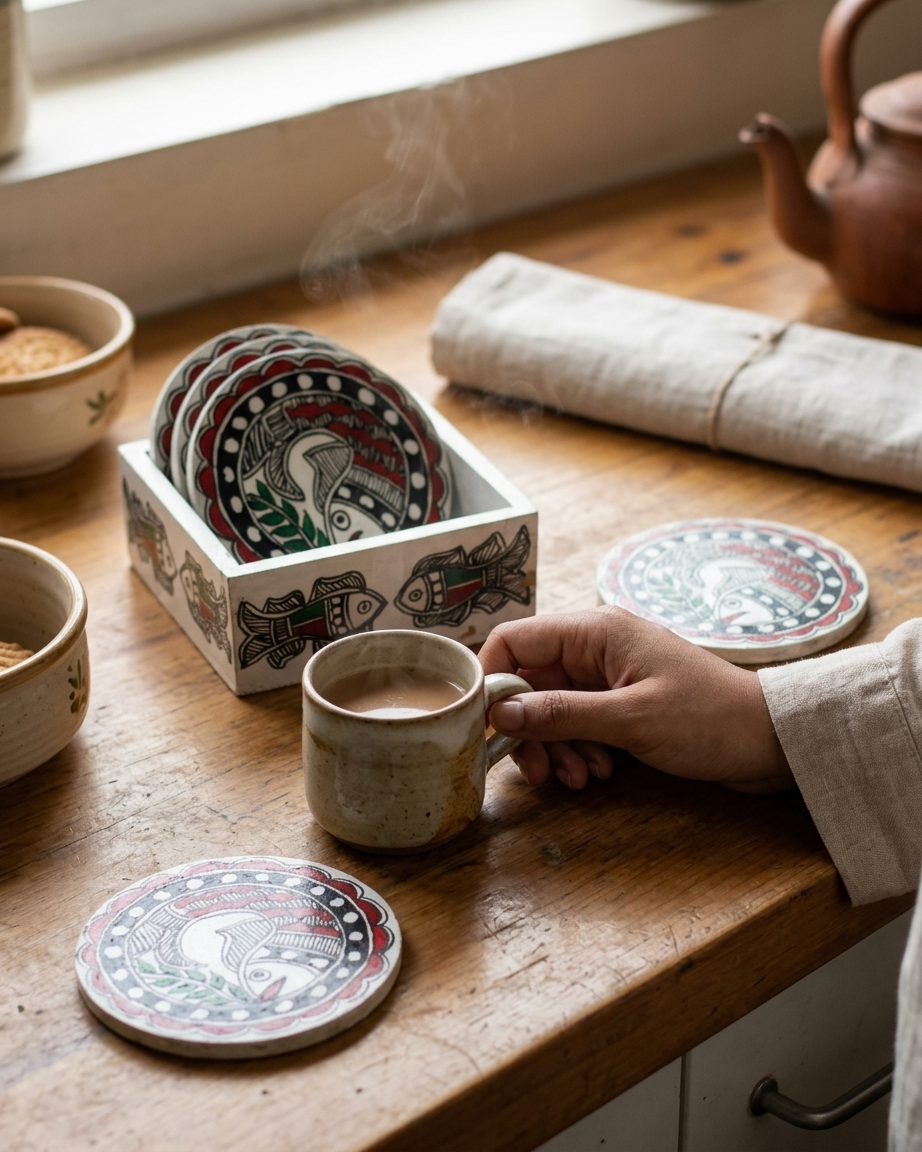 Handmade Fish Design Madhubani Coaster Set with Stand | Tea Coasters Set of 6