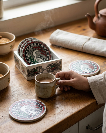 Handmade Fish Design Madhubani Coaster Set with Stand