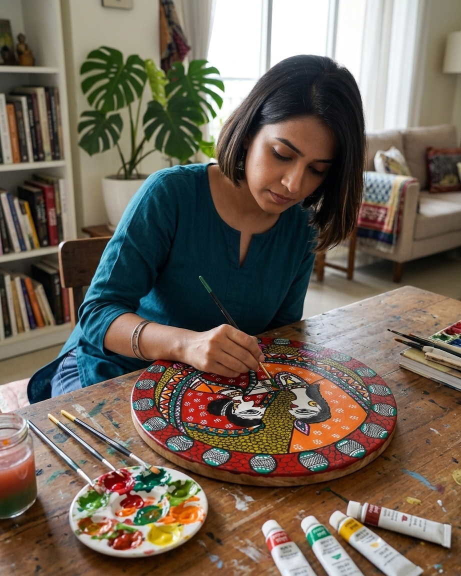 Krishna and Radha Madhubani Wall Art on MDF Board – Handmade Mithila Painting for Home Décor