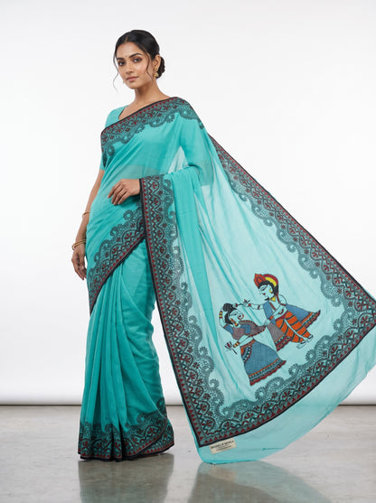 Turquoise Blue Handmade Madhubani Painting Saree