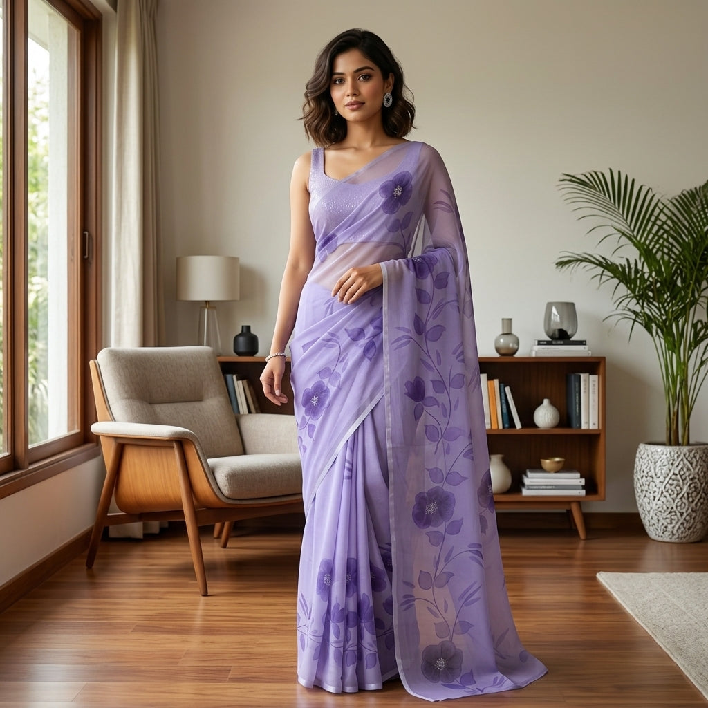 Lavender Floral Handmade Madhubani Painting Saree with Blouse – Handcrafted Mithila Art
