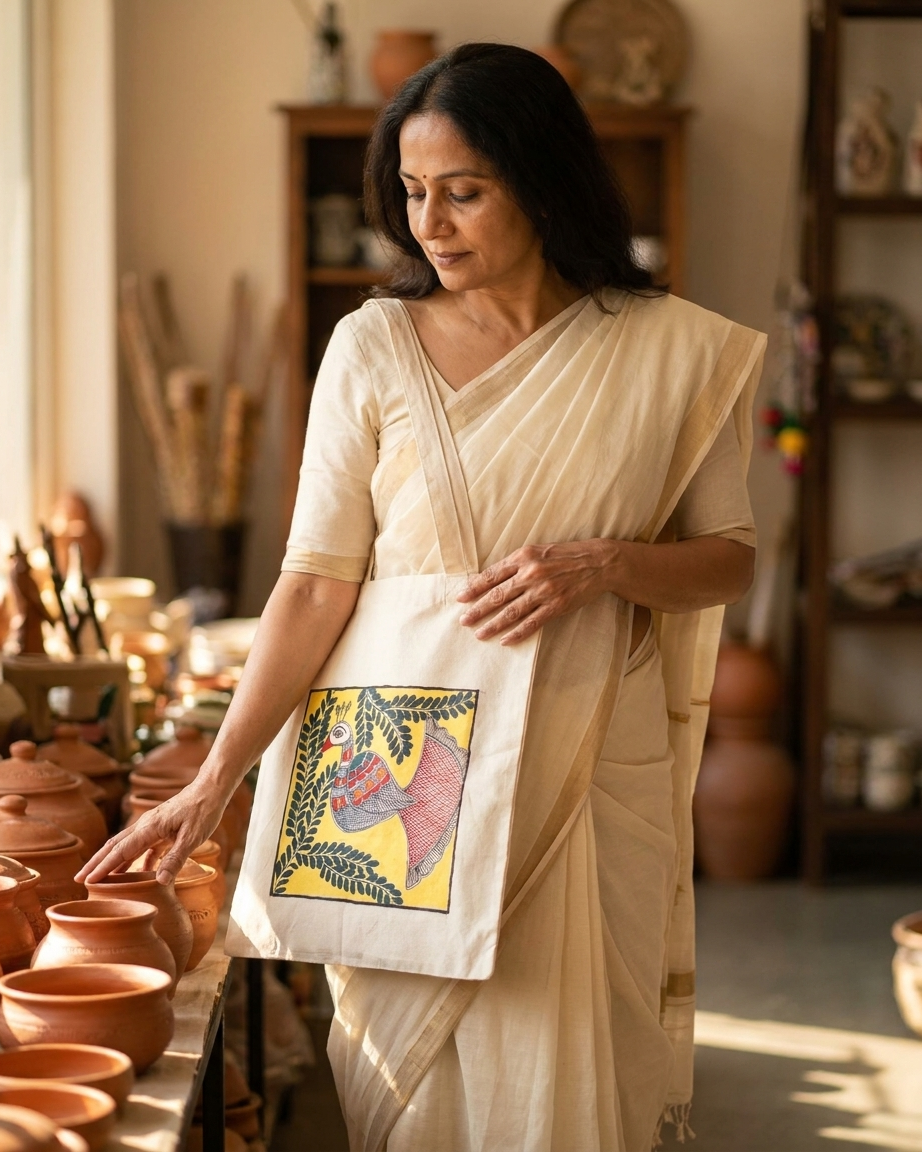 Hand-Painted Madhubani Tote Bag | Handmade Ethnic Shopping Bag
