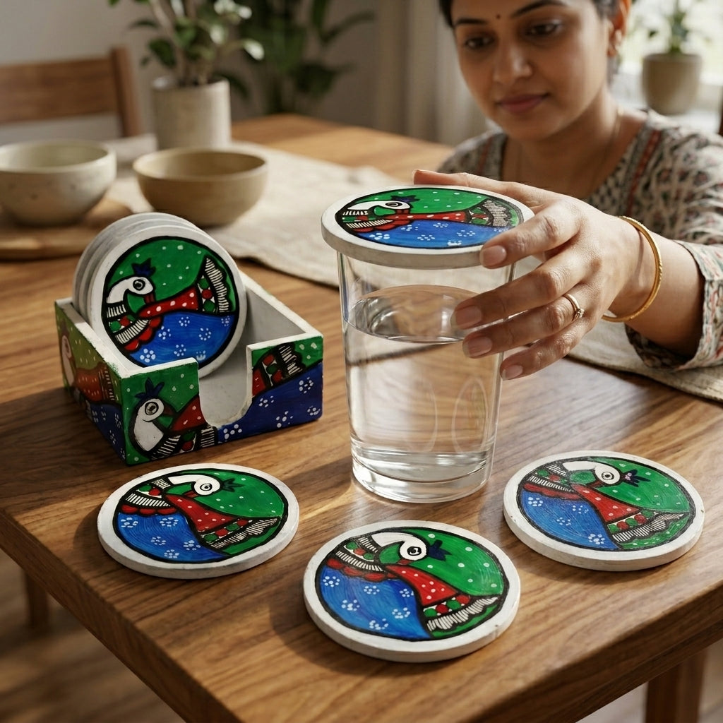 Handmade Peacock Design Coaster Set with Stand | Madhubani Painting Tea Coasters Set of 6