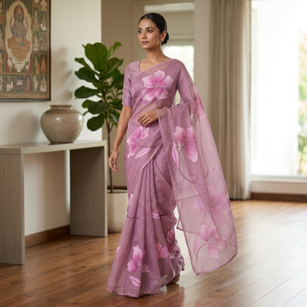 Dusty Pink Floral Handmade Madhubani Painting Pure Saree with Blouse – Handcrafted Mithila Art