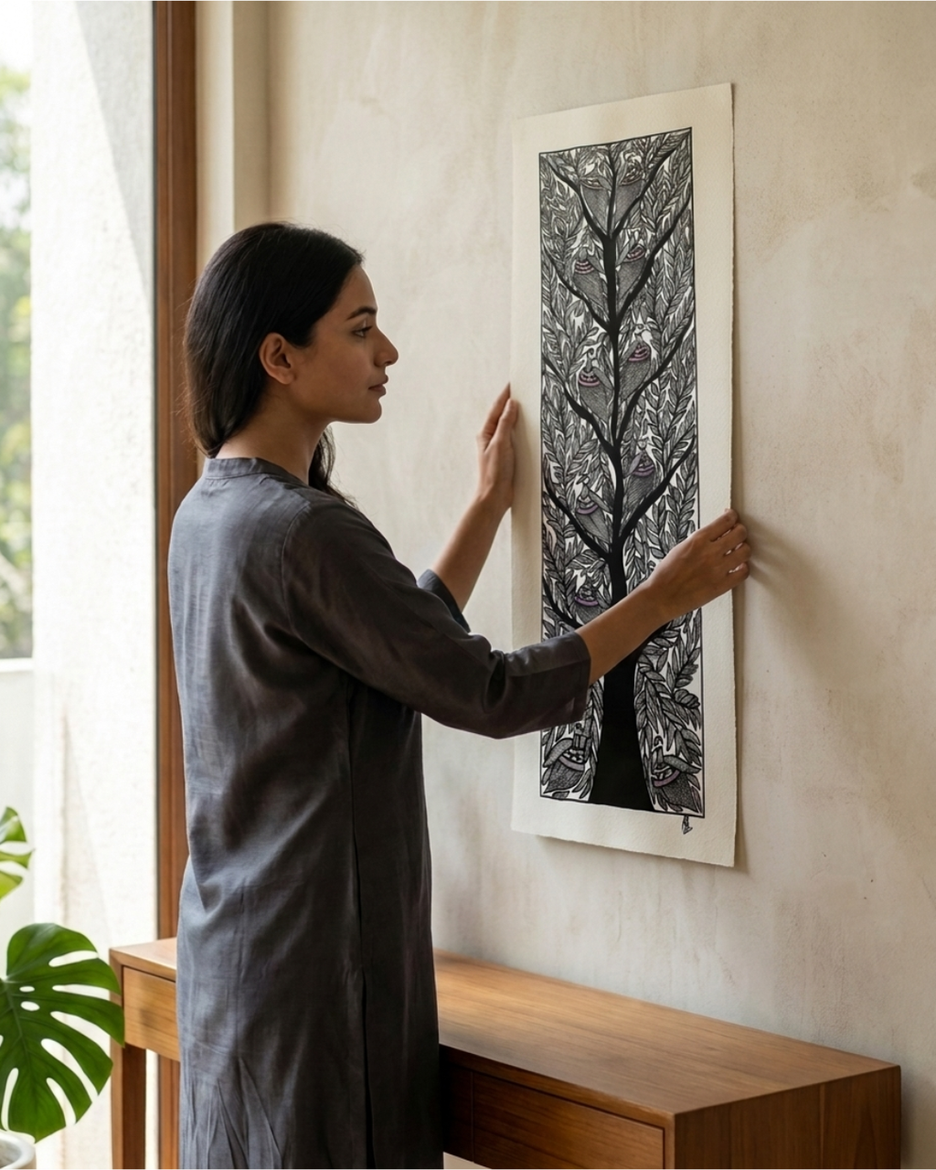 Black & White Tree of Life Madhubani Painting | Handmade Art