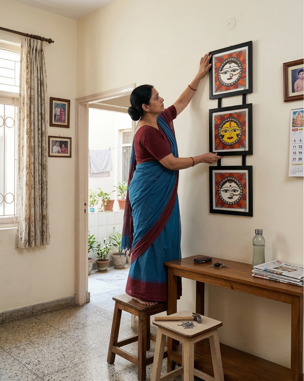 Sun Madhubani Triple Frame Wall Hanging – Handmade Mithila Art Decor