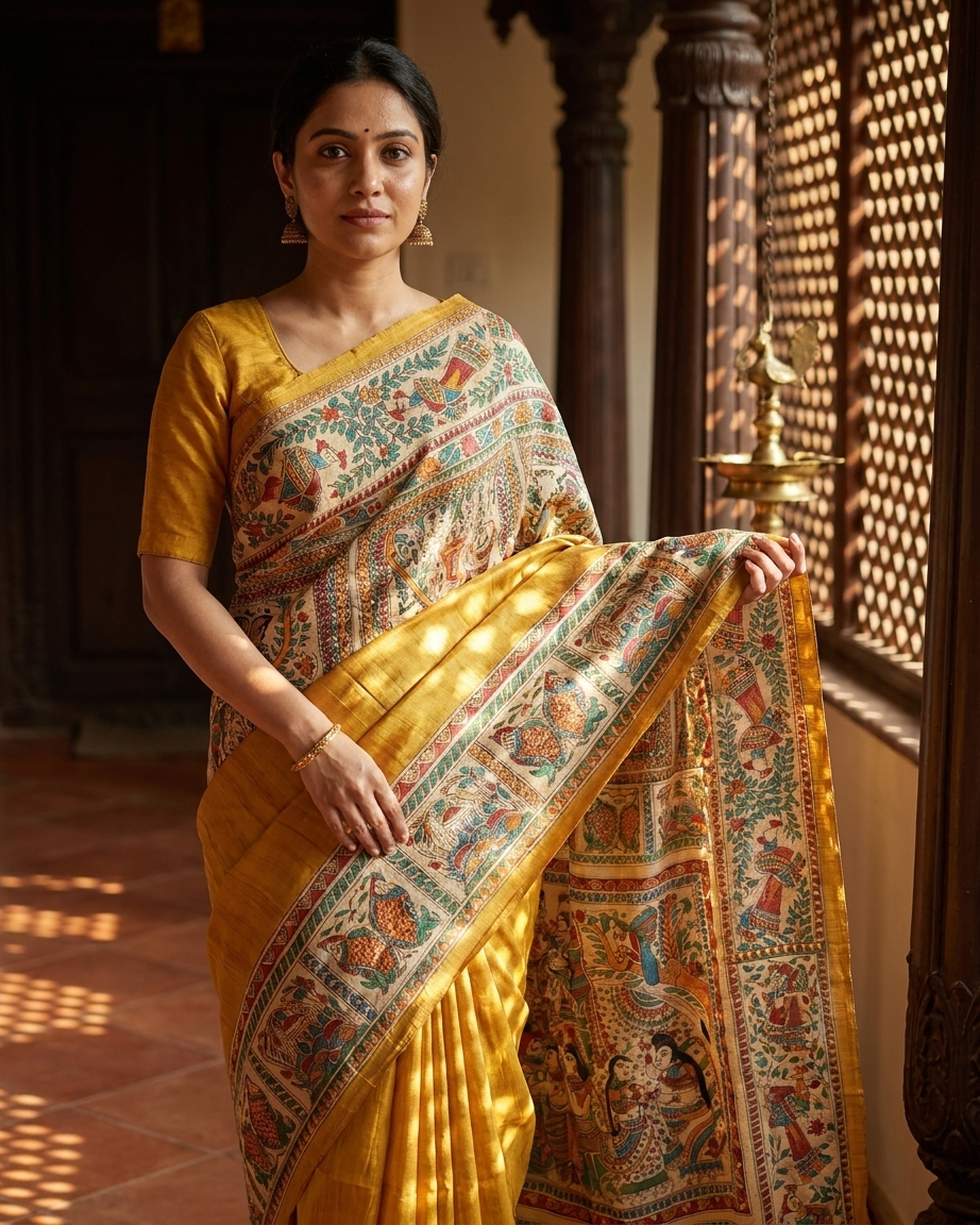 Handmade Madhubani Painting Saree with Blouse | Hand-Painted Ethnic Saree for Women