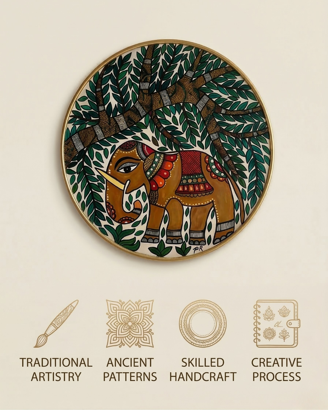 Royal Elephant & Sacred Tree Madhubani Wall Art | 12 Inch MDF Board