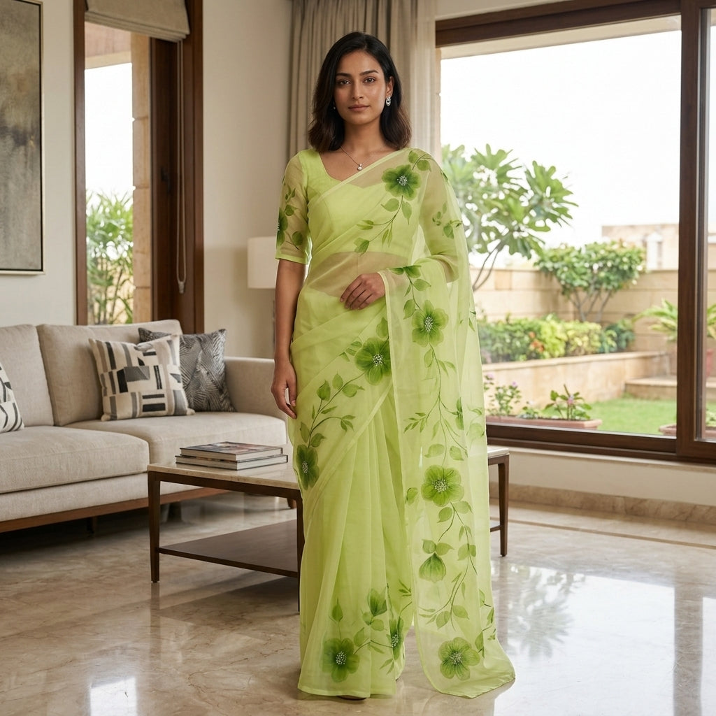 Pista Green Floral Handmade Madhubani Painting Saree with Blouse