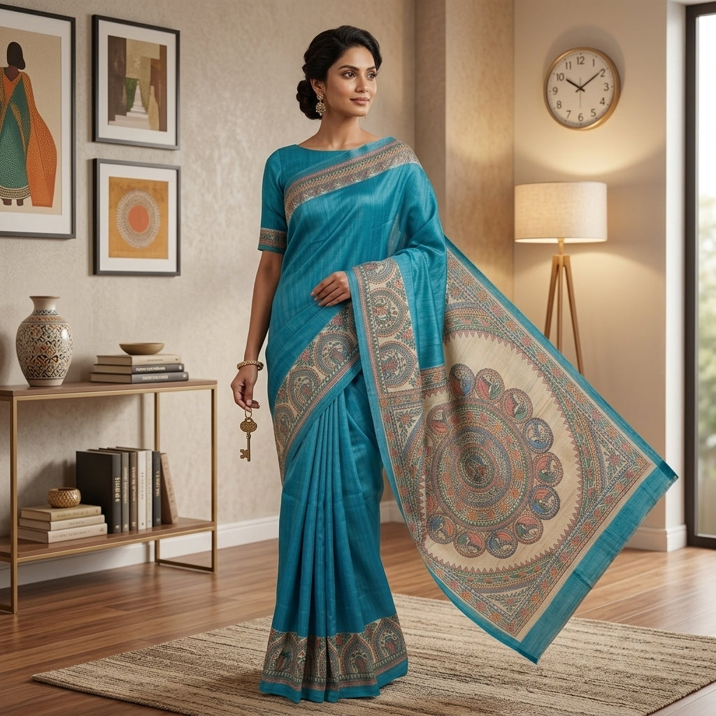 Bright Blue Handmade Madhubani Painting Saree with Blouse