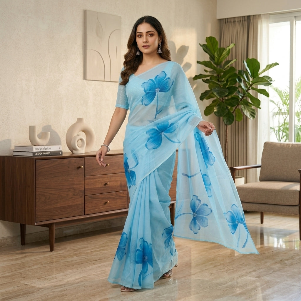 Sky Blue Floral Handmade Madhubani Painting Saree with Blouse – Handcrafted Mithila Art