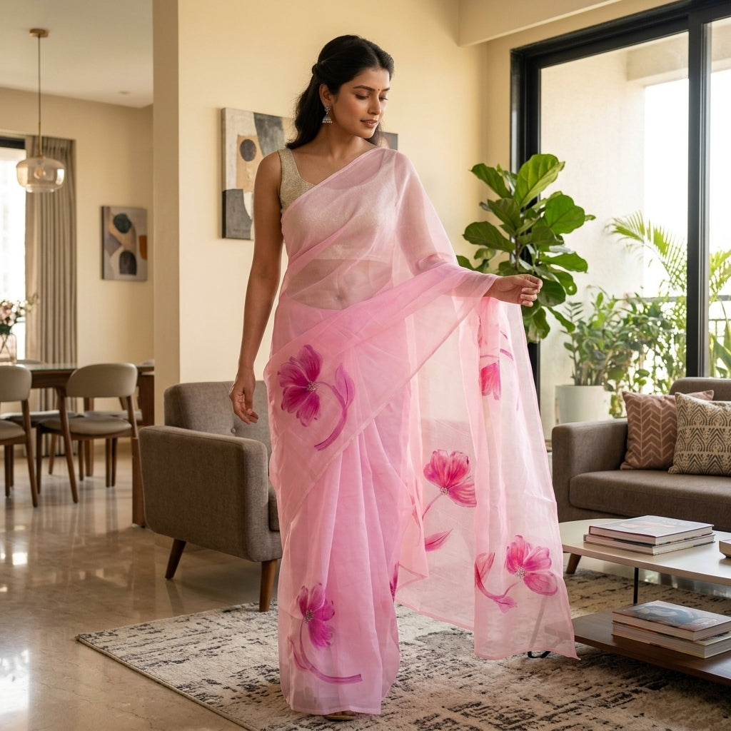 Floral Handmade Madhubani Painting Saree with Blouse Piece – Elegant Hand-Painted Mithila Art Saree for Women