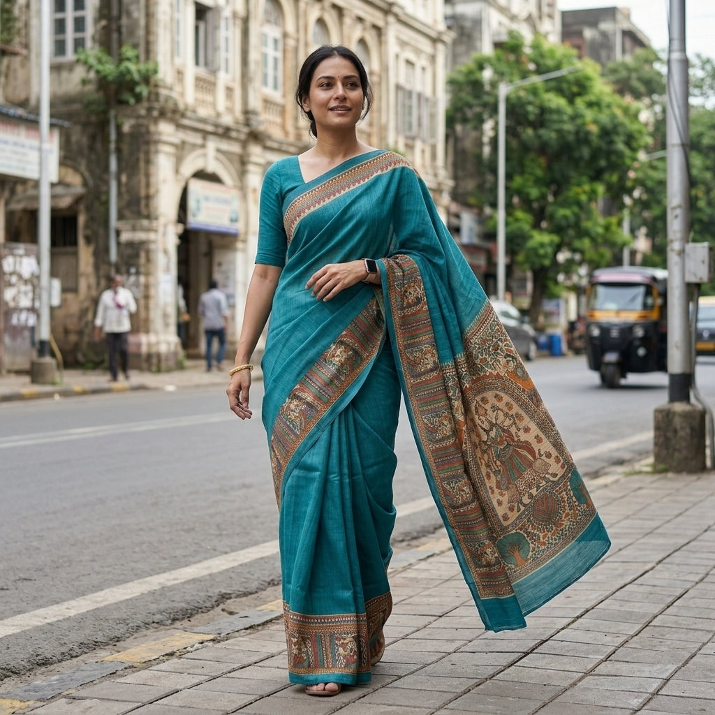 Traditional Bright Blue Handmade Madhubani Painting Saree with Blouse