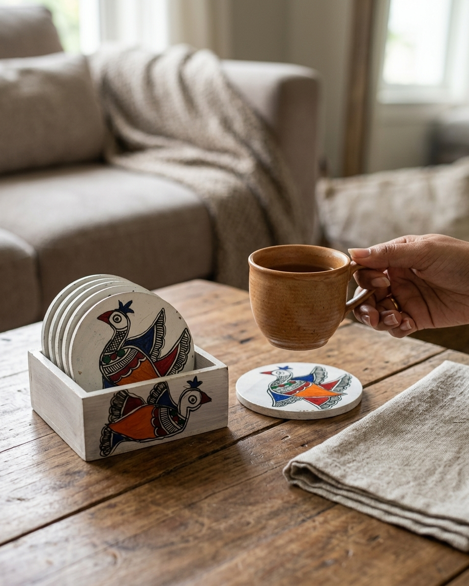 Handmade Peacock Design Madhubani Coaster Set with Stand | Tea Coasters Set of 6