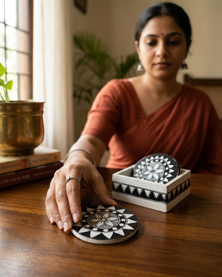 Handmade Rangoli Design Madhubani Coaster Set with Stand |  Tea Coasters (Set of 6)