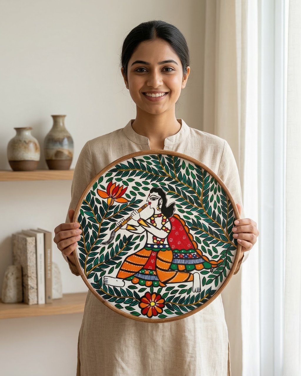 Krishna Mural Madhubani Wall Art | 12 Inch MDF Board