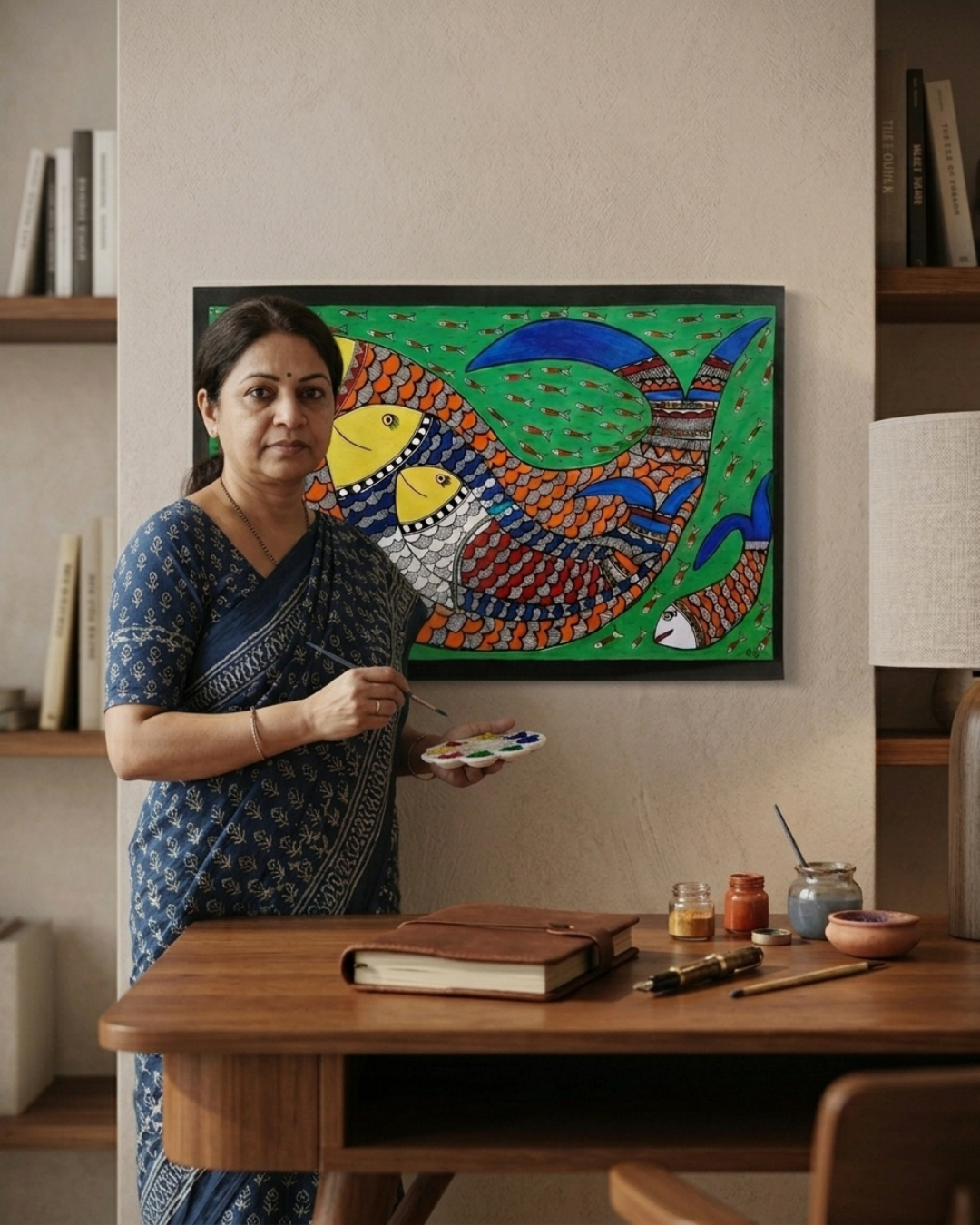 Fish Madhubani Painting on Handmade Paper (14x22 Inch) – Traditional Mithila Folk Art Wall Decor