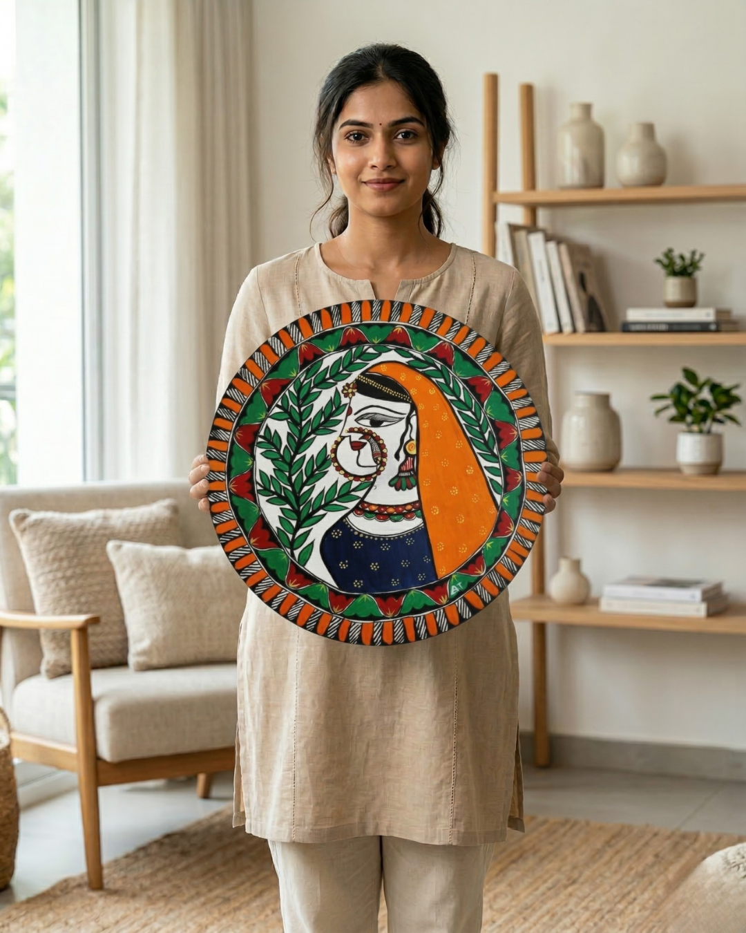 Maithil Lady Madhubani Wall Art | 12 Inch MDF Board