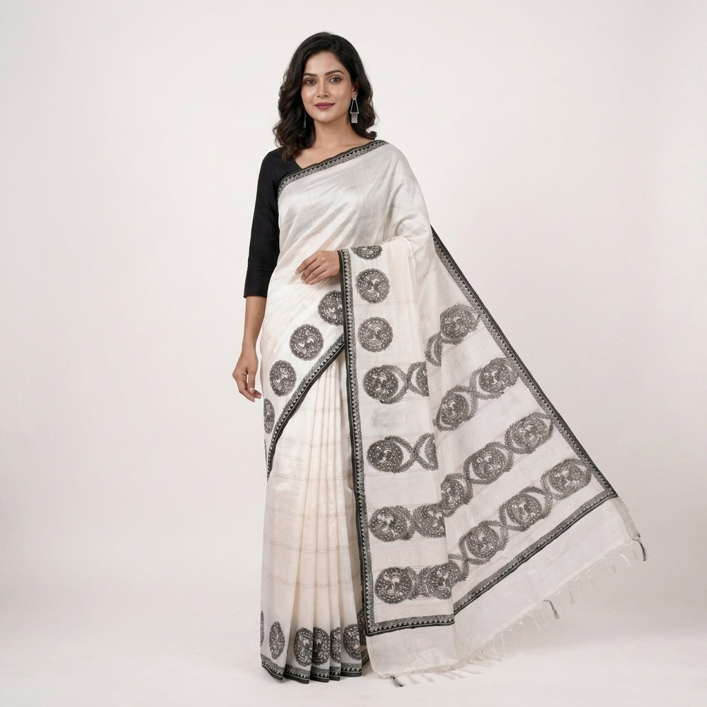 Handmade Madhubani Painting  Saree with Blouse Piece – Traditional Mithila Art Saree for Women