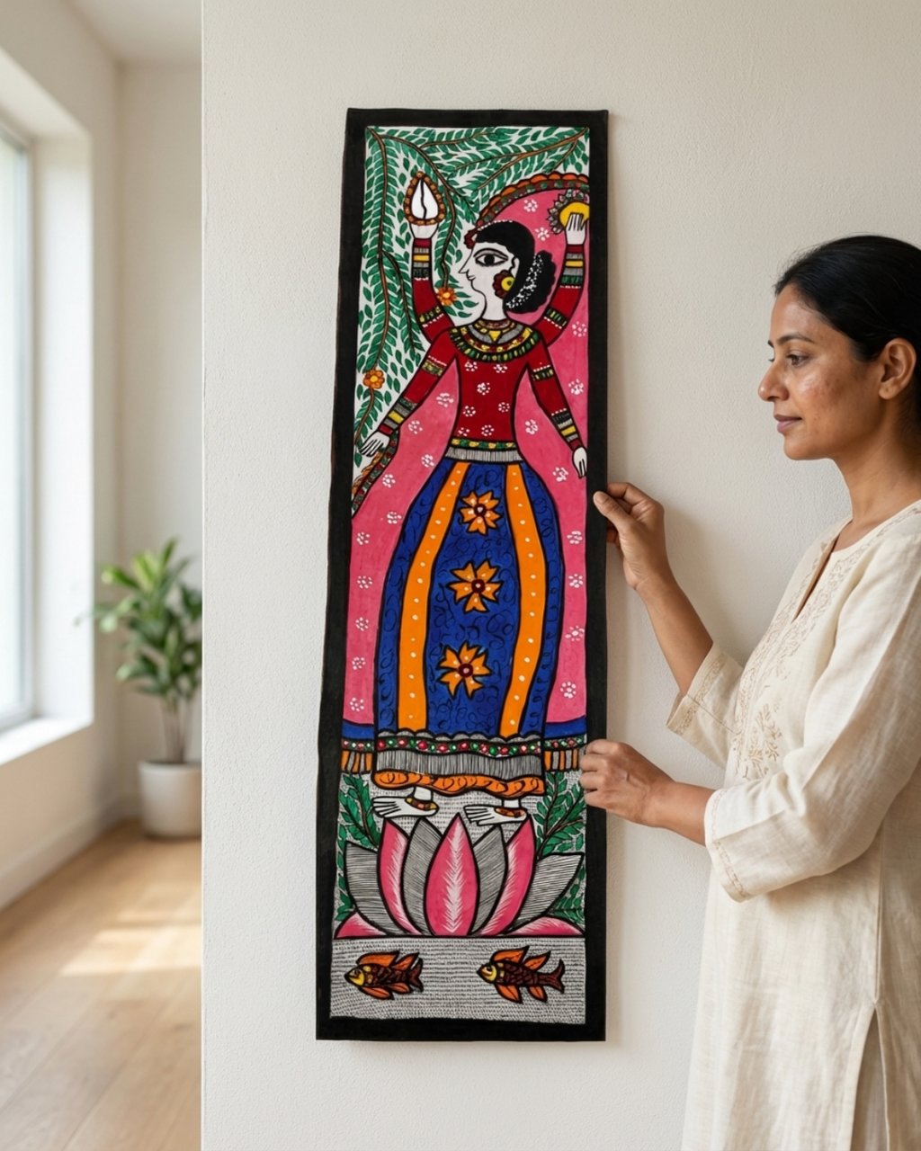 Mata Laxmi Madhubani Painting on Handmade Paper (10x30 Inch) – Traditional Mithila Folk Art Wall Decor