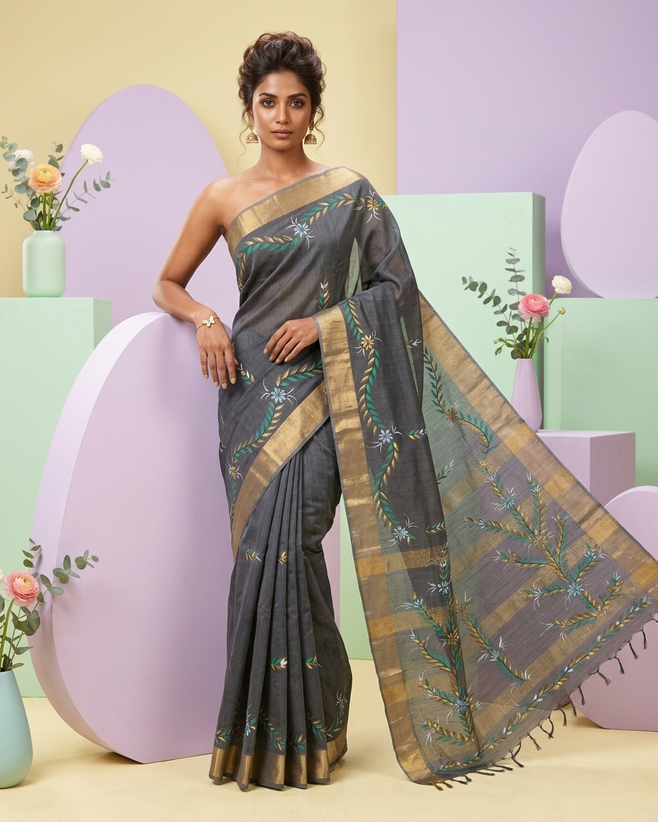 Dark Grey Handmade Madhubani Painting Saree with Blouse - Traditional Mithila Art