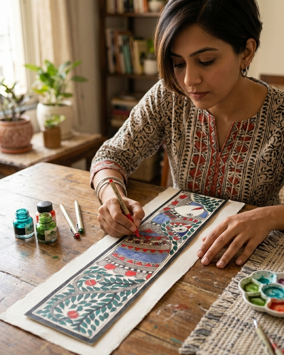 Fish and Peacock Madhubani Painting Handmade Paper Wall Art Without Frame