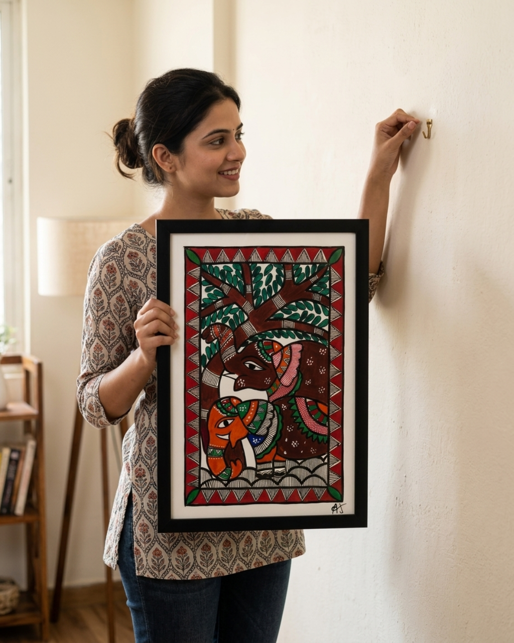 Elephant Madhubani Painting Framed A4 – Wall Art Decor