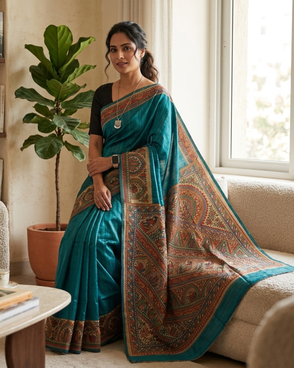 Blue Handmade Madhubani Painting  Saree with Blouse