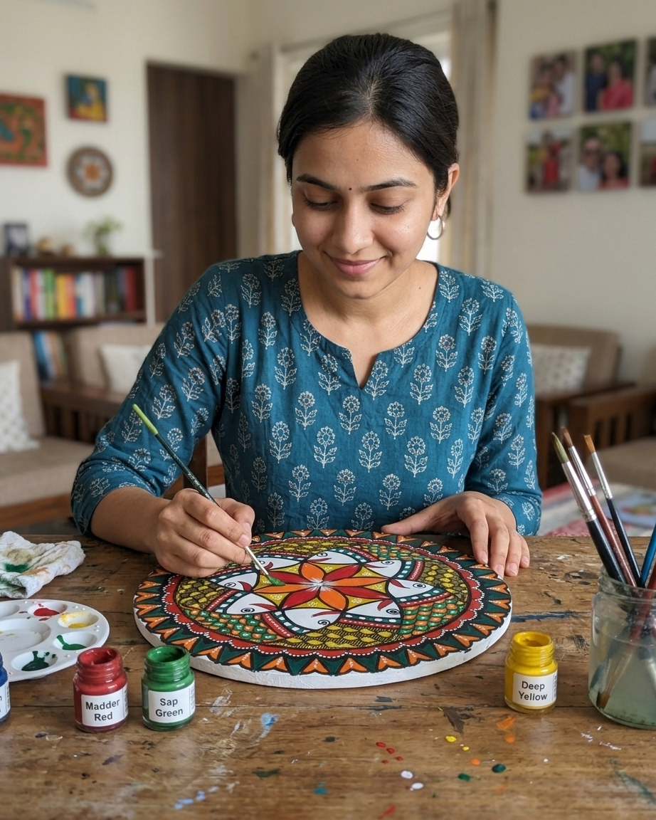 Fish Collage Madhubani Wall Art on MDF Board – Handmade Mithila Painting for Home Décor