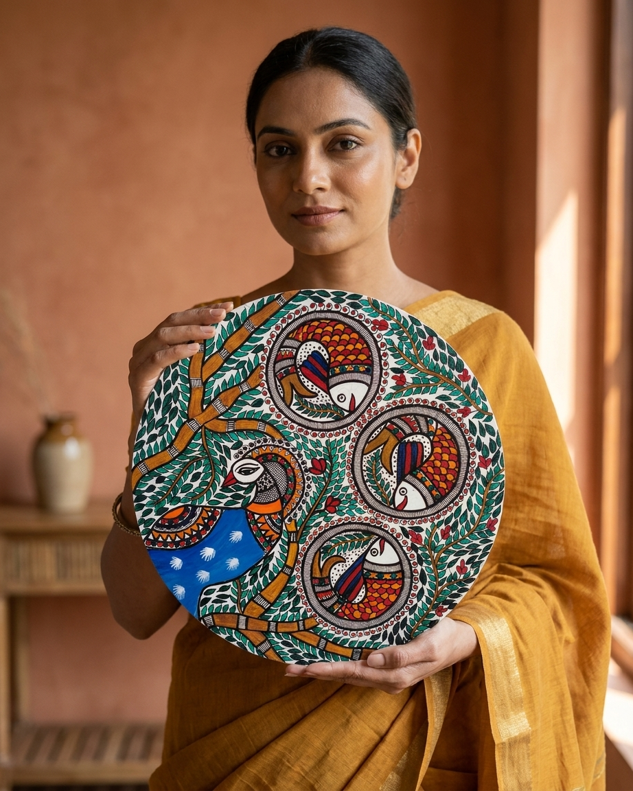 Peacock and Fish Madhubani Wall Art on MDF Board – Handmade Mithila Painting for Home Decor