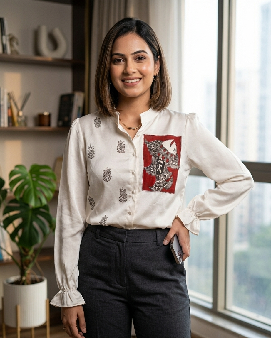 Women Madhubani Painting Shirt  – Handcrafted Ethnic Designer Wear