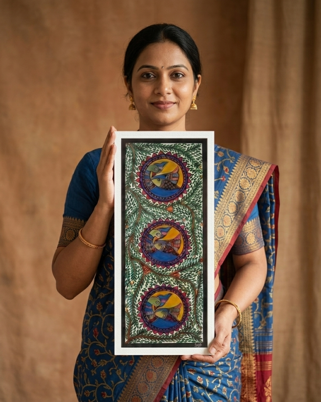 Peacocks and Fish Madhubani Painting on Handmade Paper (11x28 Inch) – Traditional Mithila Folk Art Wall Decor